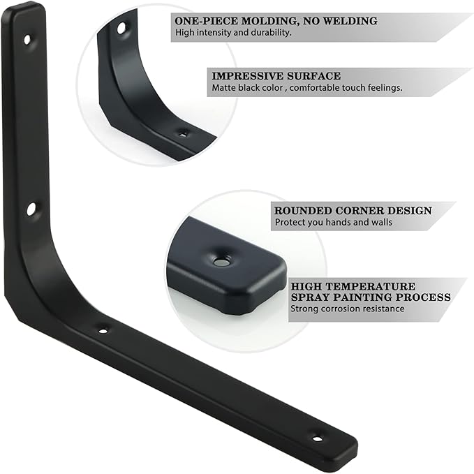 SAYAYO 4 PCS Metal Wall Shelf Bracket, 10 x 8 Inch Heavy Duty Shelf Support Bracket Decorative Joint Angle Bracket, Matte Black