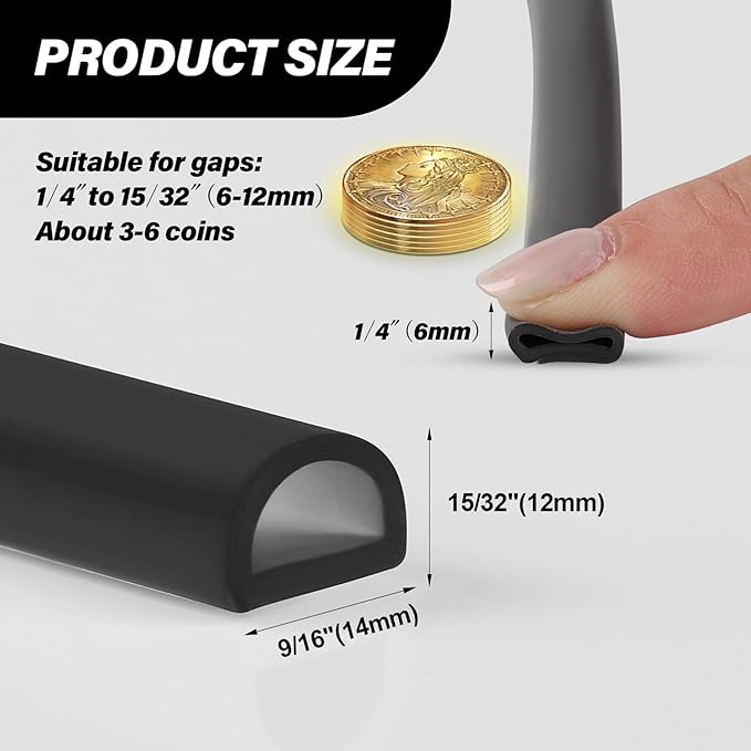 Silicone Weather Stripping Door Seal, 40FT Self Adhesive D Shaped Door Seal Strip for Door Frame, Door Insulation Strip Window Seal(40FT, 15/32" T)