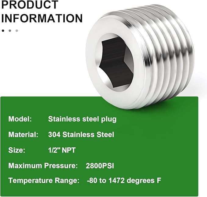 TAISHER 10PCS 304 Stainless Steel Internal Hex Thread Socket Pipe Plug Fitting 1/2" NPT Male