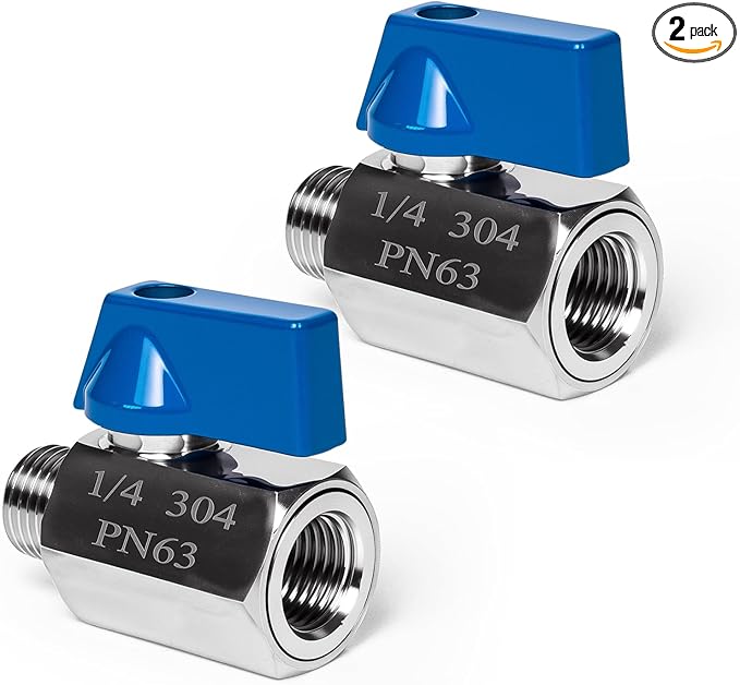 2 Pack 1/4" Mini Ball Valve, 304 Stainless Steel Valve NPT Female x Male Thread Shut-Off Valves for Small Compact Space (2, 1/4 Inch)