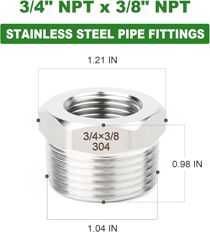 TAISHER 5PCS 304 Stainless Steel New Reducer Hex Bushing, 3/4" NPT Male x 3/8" NPT Female, Reducing Pipe Adapter Fitting