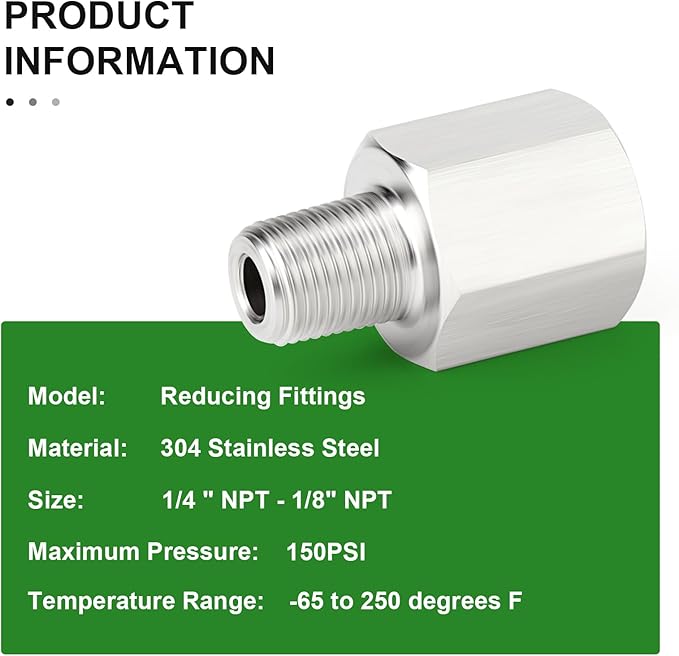 TAISHER 10PCS 304 Stainless Steel Pipe Fitting, Reducer Adapter, 1/8" NPT Male x 1/4" NPT Female