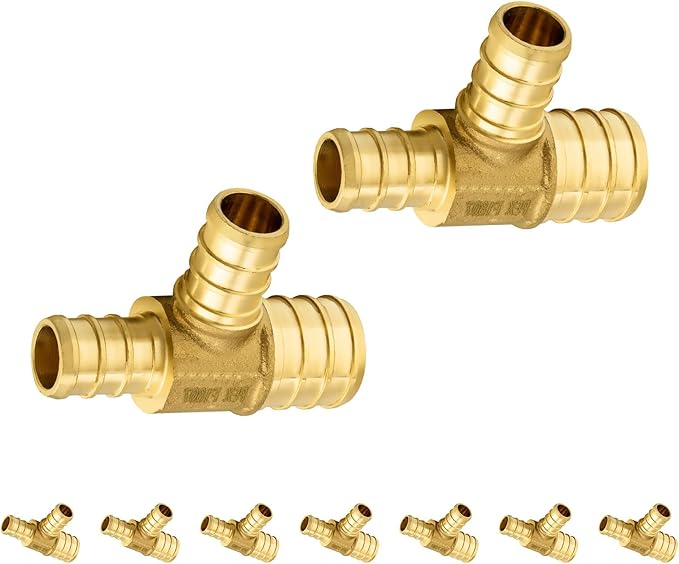 10-Pack Foskan PEX Fittings, 1"x3/4"x3/4" Reducing Tee,Brass Barb Crimp PEX Fittings for Hot or Cold Water Distribution