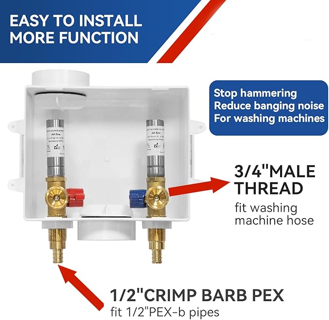 Washing Machine Outlet Box with Water Hammer Arrestor,1/2 Inch PEX F1807 Inlet Connection,3/4 Inch MHT Outlet Male Thread Connection, PEX Box with Center/Side Drain, Washing Box with 1/4-Turn