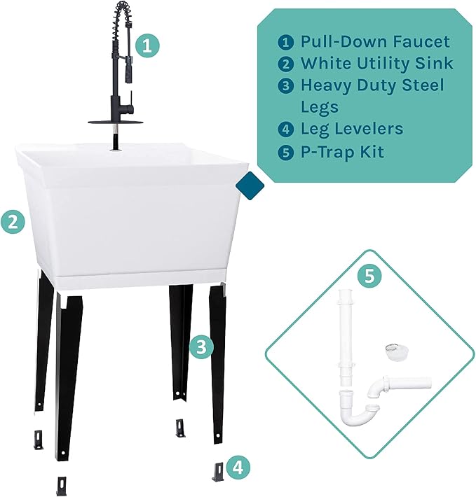 Utility Sink Extra-Deep Laundry Tub in White with High-Arc Coil Pull-Down Sprayer Faucet in Matte Black, Integrated Supply Lines, P-Trap Kit, Heavy Duty Floor Mounted Freestanding Wash Station