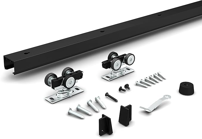 JUBEST 4FT Black Aluminum Pocket Door Hardware Kit, Commercial Grade Sliding Door Track, Easy to Install