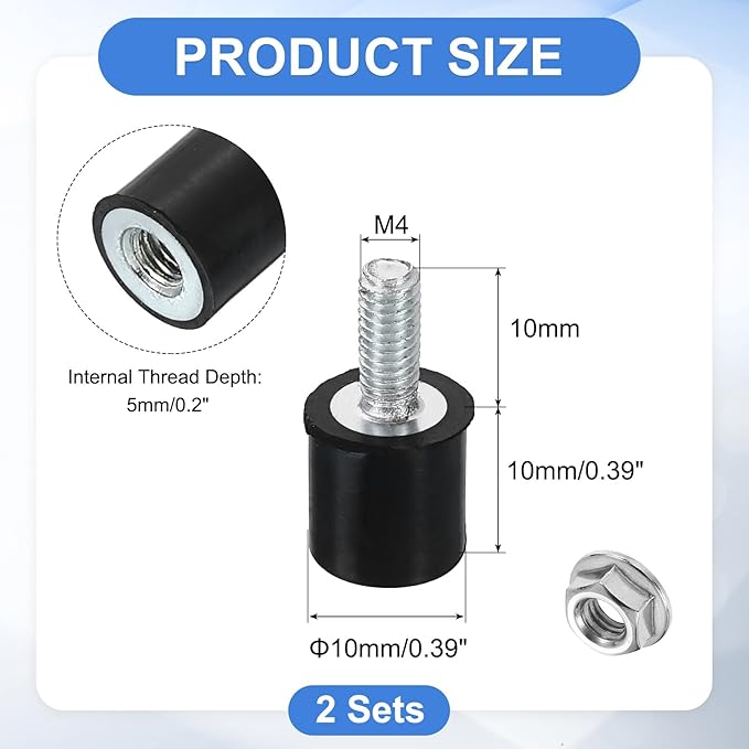 uxcell M4 Rubber Mounts, 2Pcs 10x10mm(DxH) Rubber Cylindrical Anti Vibration Isolator Shock Absorber with Lock Nut for Car Bobbin Generator Air Compressors