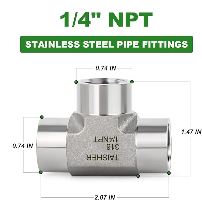 TAISHER 1PCS Forging of 316L Stainless Steel Tee Pipe Fittings, 1/4" x 1/4" x 1/4" NPT Female Pipe Fittings