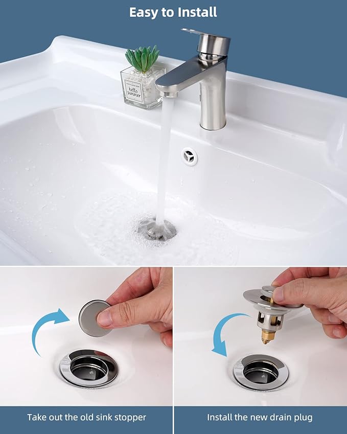 Hibbent All Metal Universal Bathroom Sink Stopper for 1.1''~2.3'' Basin, Pop Up Sink Drain Strainer, Brass Bullet Core Push Type Stopper, Stainless Steel Anti Clogging Drain Filter, Brushed Nickel