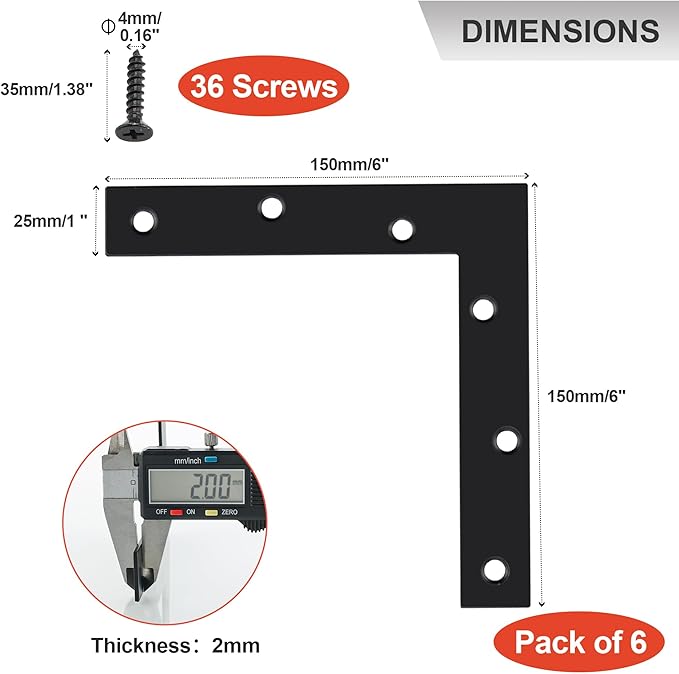 SAYAYO L Brace, 150x150mm / 6" x 6" Metal L Mending Plate L Flat Plate Bracket Stainless Steel Right Angle Corner Brace for Wood Matte Black (6 PCS )