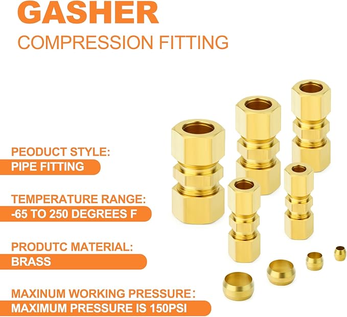 GASHER 67pcs Brass Compression Tube Pipe Fittings Assortment Kit, 1/8"1/4"3/8"1/2"5/8" Tube OD Compression Tube Pipe Fitting Connector&Sleeve Ferrules