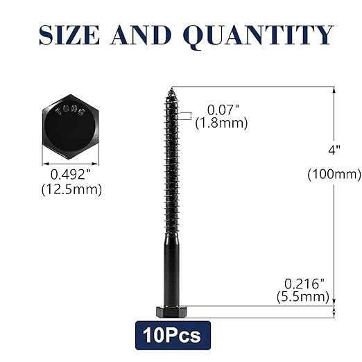 5/16" x 4" Hex Head Lag Screws Bolts 10Pcs 304 Stainless Steel 18-8, Partial Thread, Hexagon Head Wood Screws by Black Oxide by SG TZH