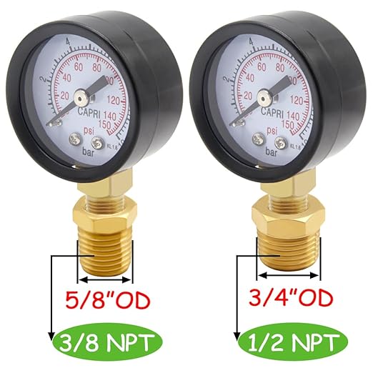 Pressure Gauge 0-150PSI 1/8" NPT Male Brass Bottom Mount 1-1/2" Dial Stainless Steel Case Include 1/2" NPT and 3/8" NPT Bushing Connector Universal Multifunctional
