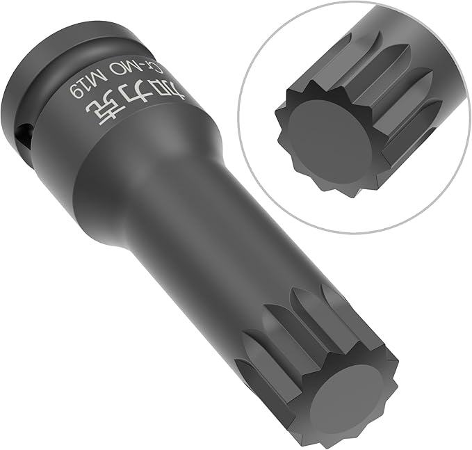1/2-Inch Drive x M19(19mm） Impact XZN Triple Square Spline Bit Socket, Metric Lengthen Screwdriver Socket Adapter, 3-Inch Length, CR-MO Steel, One-Piece Construction, Black