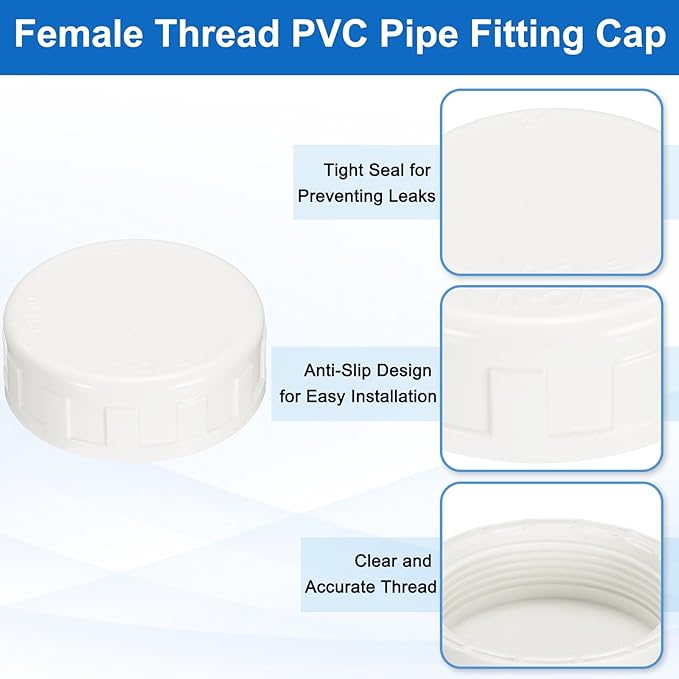 uxcell 5Pcs 2 Inch PT Female Thread PVC Pipe Fitting Cap, Cleanout Water Drain End Caps, Pipe Plug Socket Fittings with Tape for Water Heater Supply Lines, Plumbing, White