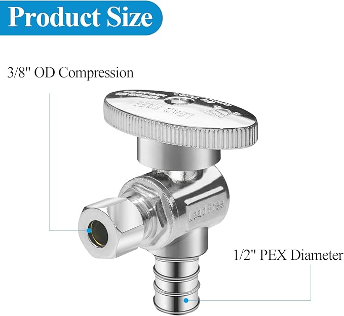 WiseWater Angle Stop Valve 1/2" PEX x 3/8" Compression, 1/4 Turn Shut Off Valve, Chrome Brass Plumbing Fitting for Ice Maker, Sink & Toilet (10-Pack)