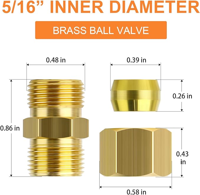 GASHER 10PCS Brass Compression Tube Pipe Fitting Connector, 5/16" Tube OD x 5/16" Tube OD Connector