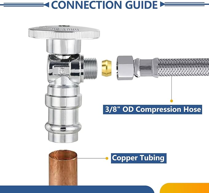 50-Pack GUOFIS Angle Stop Valve,1/2" Nominal Press Inlet x 3/8" OD Compression Outlet,1/4-Turn Shut-off Valve for Potable Water(Chrome Plated)(VALVE393-50Pack)