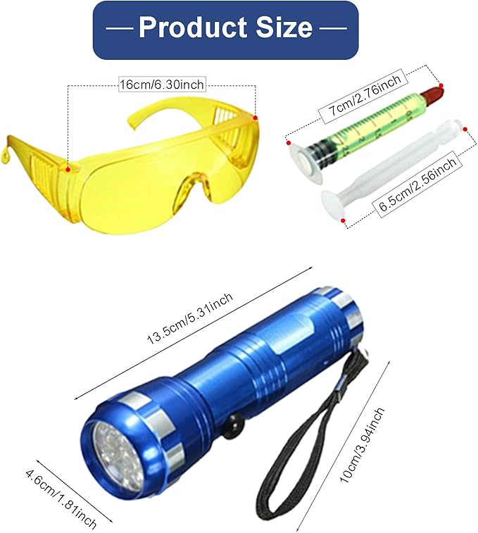 AC Leak Detector Kit Automotive, Auto Air Conditioner Flashlight Leak Detector Tool , Fluorescent Protective Glasses Air Conditioning Accurate Leak Detector Kit, UV Oil Dye Leak Detection Kit (L)