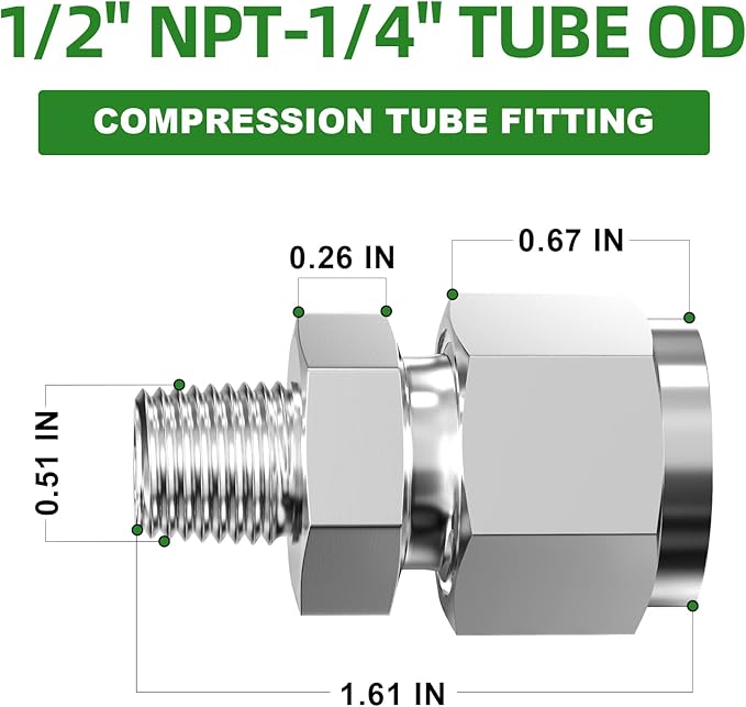 TAISHER 2PCS 304 Stainless Steel Compression Tube Pipe Fitting Connector, 1/2" Tube OD x 1/4" NPT Male Straight Adapter