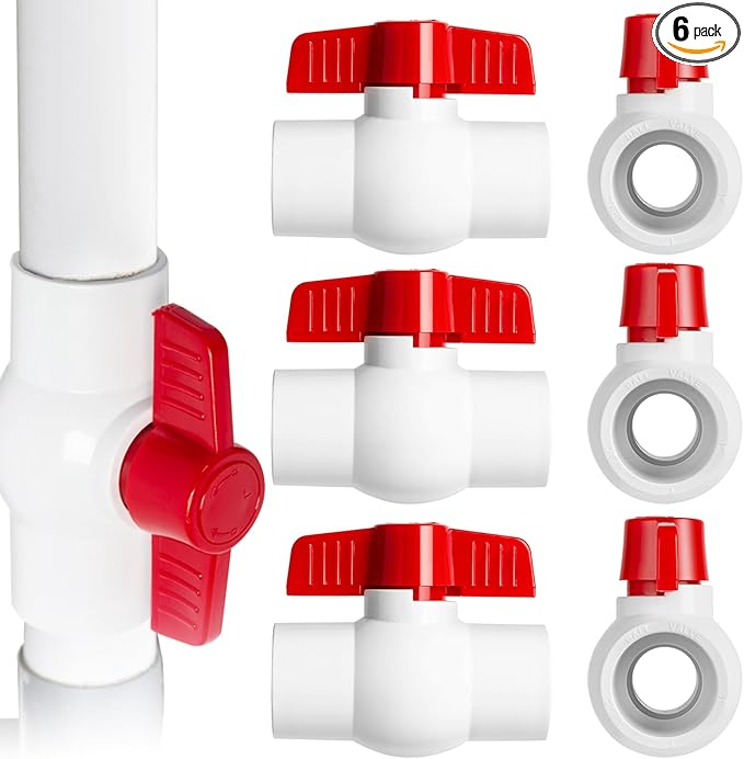 6PCS 1" PVC Ball Valve, Shut-Off Ball Valves Socket with Easy Turn Red T-Handles, Slip PVC Valve for Water Project, Swimming Pool, Sewage Pump, Sprinkler Lines, Outdoor Plumbing & Irrigation System