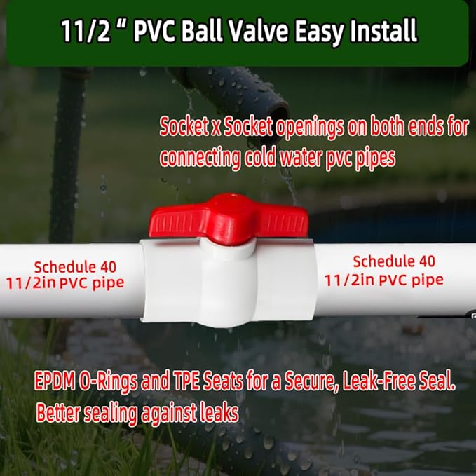 2Pack 1-1/2" PVC Ball Valve (Socket x Socket),Schedule 40, Cold Water Pipe 1.5 inch Shut-off Valve Socket for Water Supply Lines, Garden Irrigation & Pipe Fitting Systems,Red T-Handle.