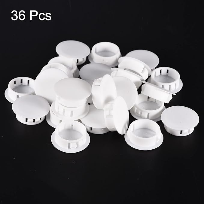 uxcell 1-3/32" Plastic Hole Plugs, 36Pcs Flush Type Panel Round Snap in Fastener Knockout Locking Plugs for Furniture Insert End Caps Panels, White