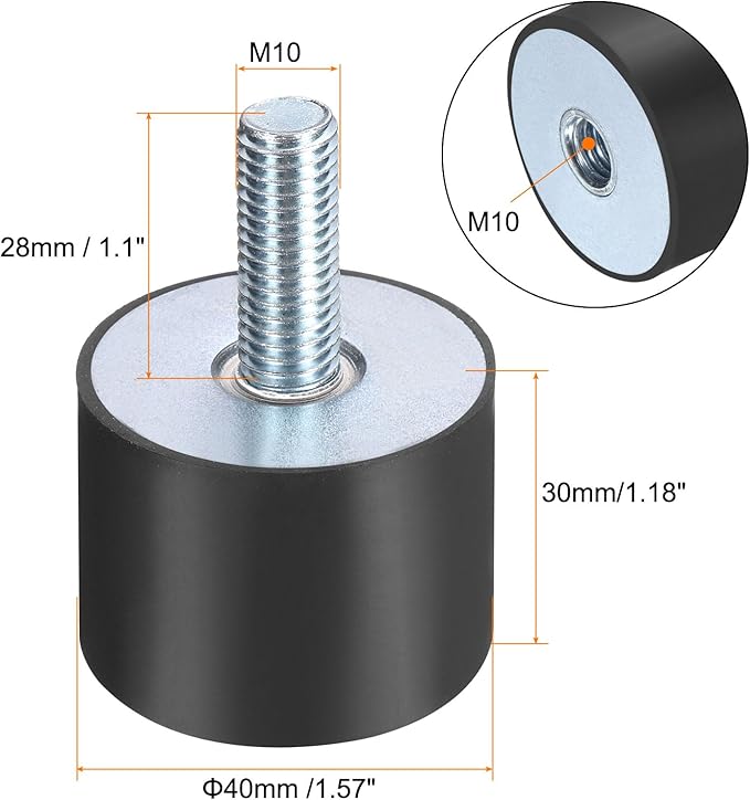 uxcell 6pcs M10x28mm Rubber Isolator Mounts with Studs 40x30mm Male Female Vibration Shock Absorber Zinc Plated Cylindrical Thread Mounts Anti Vibration Isolators with 6pcs M10 Lock Nuts