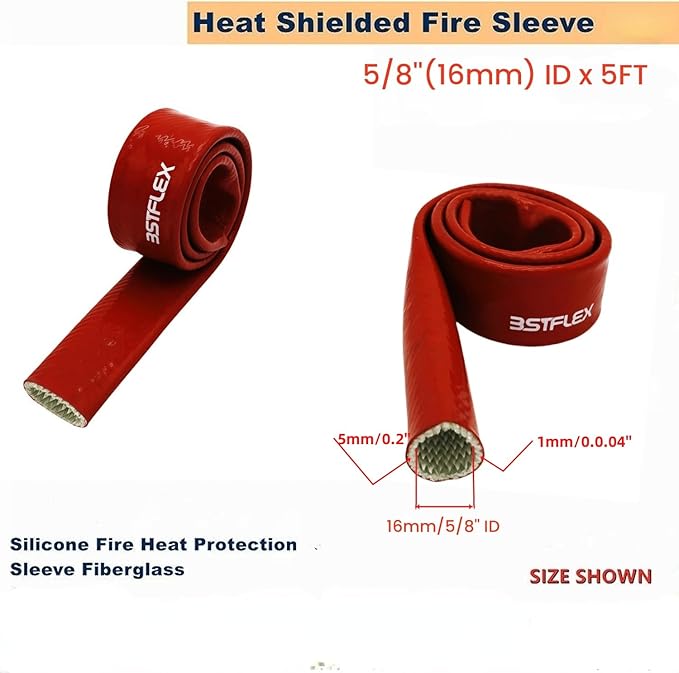 5/8"(16mm) ID Heat Shielded Fire Thermo Armor Fire Sleeve Silicone Coated Fiberglass for Automotive Hose Lines & Electrical Wiring Red, 5 feet