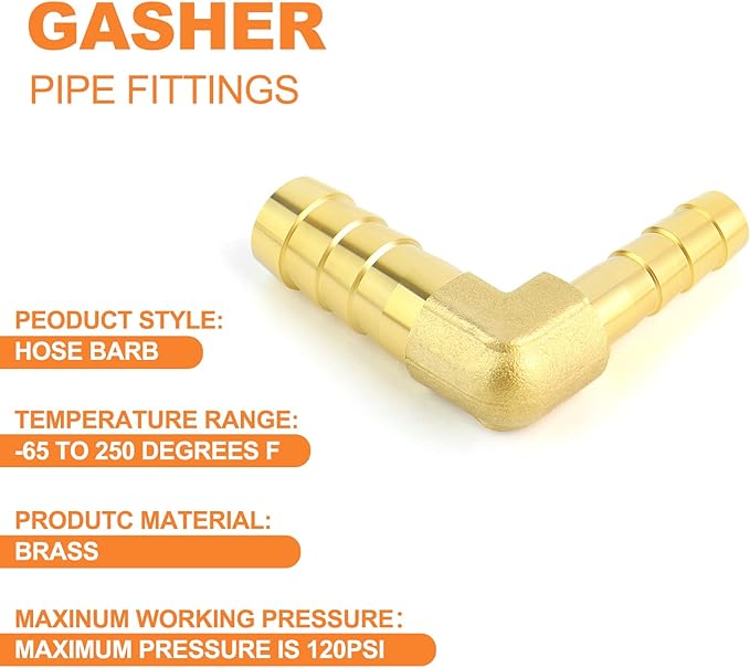 GASHER 2 Pieces Brass Hose Barb Reducer, 3/8 Inch to 1/4 Inch Barb Hose ID 90 Degree L Right Angle Elbow with 4 Hose Clamps, Brass Barb Reducer SPLICER Fitting Fuel/AIR/Water/Oil/Gas/WOG