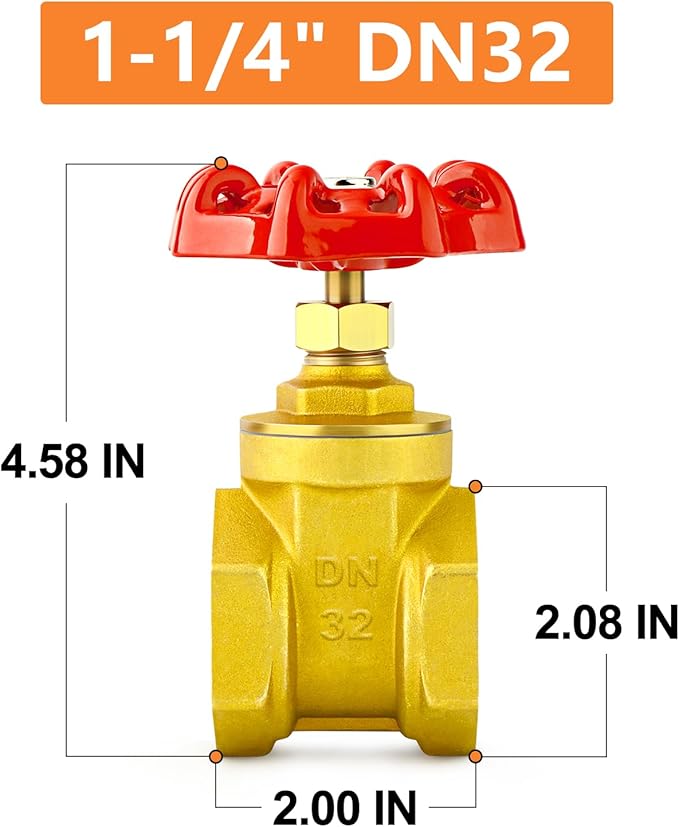 GASHER 1PCS 1-1/4 Inch Brass industrial Gate Valve, Heavy-duty Rotary Sluice Valve with Female x Female Threads, with Wheel Handle, For Water, Oil, Gas