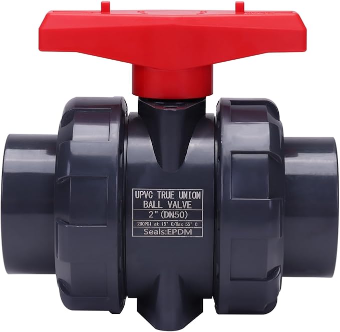 DERNORD PVC True Union Ball Valve NPT Threaded with Full Port, EPDM O-Rings, and Reversible PTFE Seats, Rated at 200 PSI (2 Inch NPT Threaded)