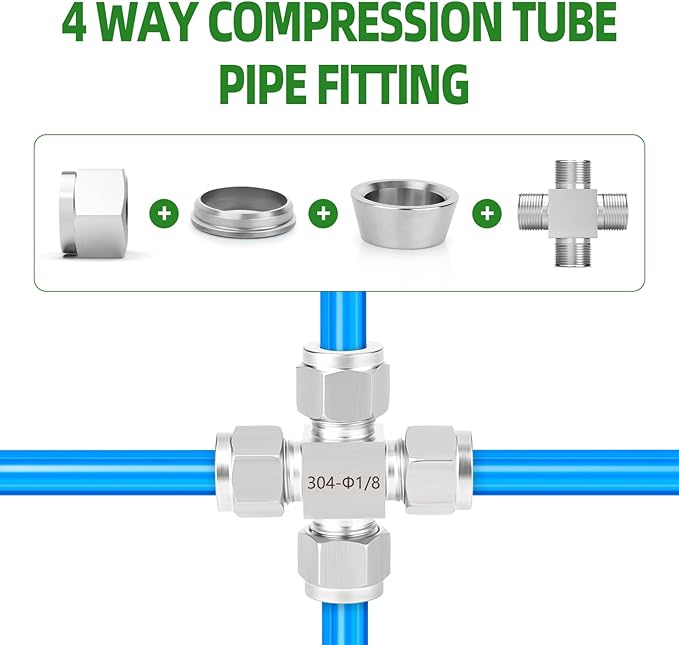 TAISHER 1PCS 304 Stainless Steel 4 Way Compression Tube Pipe Fitting Connector, 1/8" x 1/8" x 1/8" x 1/8" Tube OD Adapter