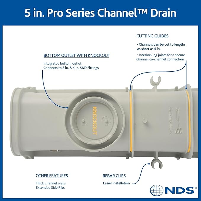 NDS Pro Series Channel Drain Kit, 5-1/2 in. X 39-3/8 in. Deep Profile Channel, Galv. Steel Grates, End Caps/Outlet, 5 in.