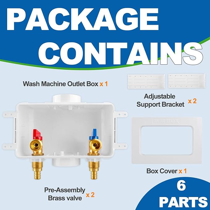 Washing Machine OutLet Box With Brass Valve, 1/2 Inch Pex Crimp Inlet x 3/4 Inch MHT Outlet, F1807 Center Drain Laudry Box