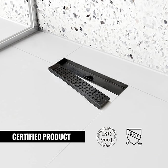 Linear Shower Drain, 12 inch Black Drain with Removable Grate Cover, Brushed 304 Stainless Steel Shower Floor Drain, Linear Drain with Hair Strainer and Adjustable Feet