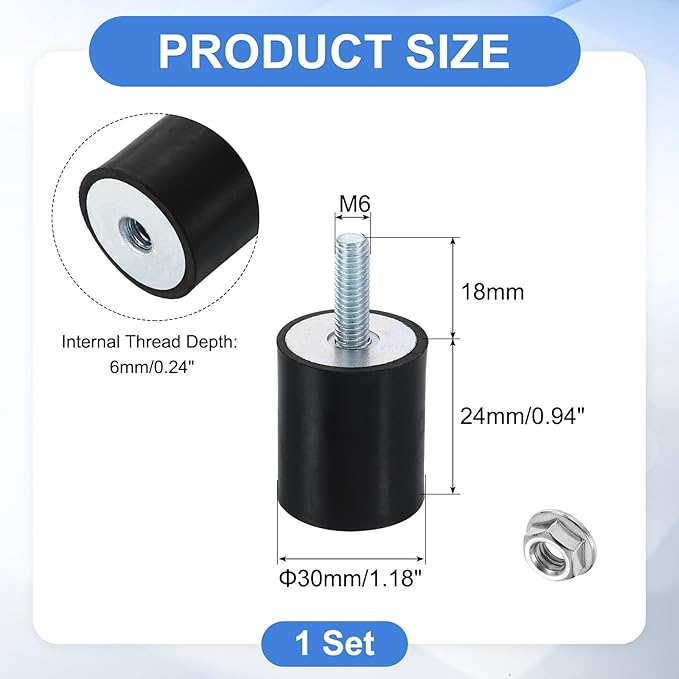 uxcell M6 Rubber Mounts, 1Pcs 25x30mm(DxH) Rubber Cylindrical Anti Vibration Isolator Shock Absorber with Lock Nut for Car Bobbin Generator Air Compressors