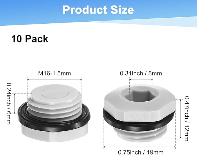 5-Pack Inner Hex Head Pipe Plug End Cap, M16x1.5mm Nylon Garden Hose Stopper Connector Plug with Sealing Ring for Terminating Pipe Ends [White]