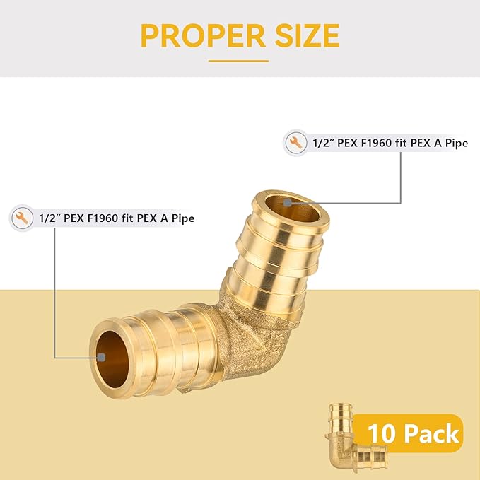 10 Pack PEX A Expansion 90° Elbow,1/2 Inch F1960 Brass Pex A Full Flow Expansion Fittings,1/2"x 1/2" Elbow for PEX A Pipe Tubing Connection(PEX1960033)