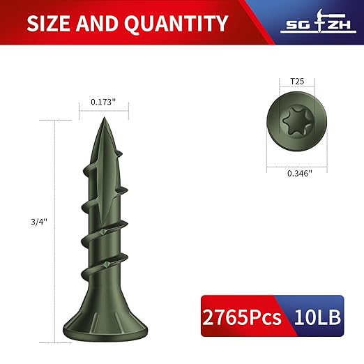 #8 x 3/4" Deck Screws (2765Pcs) 10lb. Carbon Steel, Green, Flat Head, Rust Resistant epoxy Coated, with T25 Star Bit