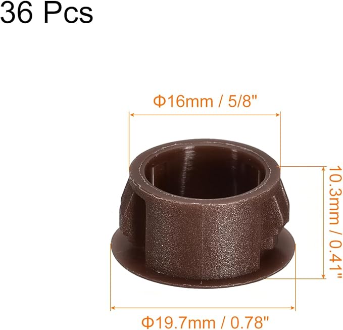 uxcell 16mm(5/8") Plastic Hole Plugs, 36Pcs Flush Type Panel Round Snap in Fastener Knockout Locking Plugs for Furniture Insert End Caps Panels, Brown