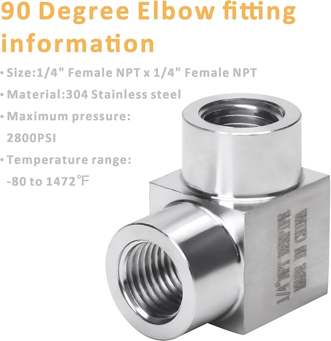 90 Degree Street Elbow - 1/4" NPT Female to 1/4" NPT Female Stainless Steel 304 Heavy Duty Forged Square Barstock Street Elbow Adapter Pipe Fitting (pack of 2)