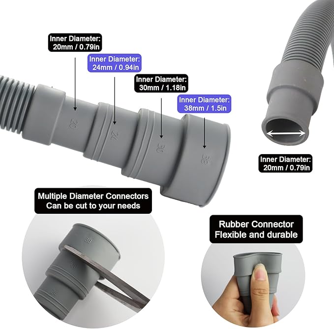 3.2 FT Universal Washing Machine Drain Hose, Drain Hose Extension Kit for Washer, Dishwasher, Dryers, Dehumidifier with 4 Hose Clamps, 1 U-Holder, 1 Adapter, Fit for 0.79-1.5 inch Drain Outlet