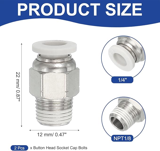 MECCANIXITY 2 Pcs NPT Push to Connect Air Fittings, Male Straight 1/4" Tube OD x 1/8" NPT Thread Air Quick Connector Coupling Adapter for Gas Hose Pneumatic Tools, White