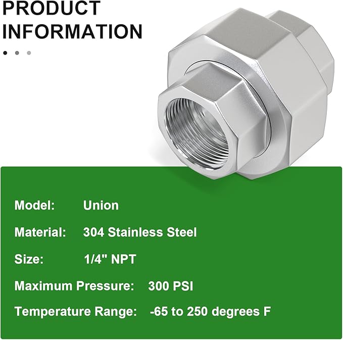 TAISHER 5PCS 304 Stainless Steel Union，1/4" NPT Female Cast Pipe Fitting