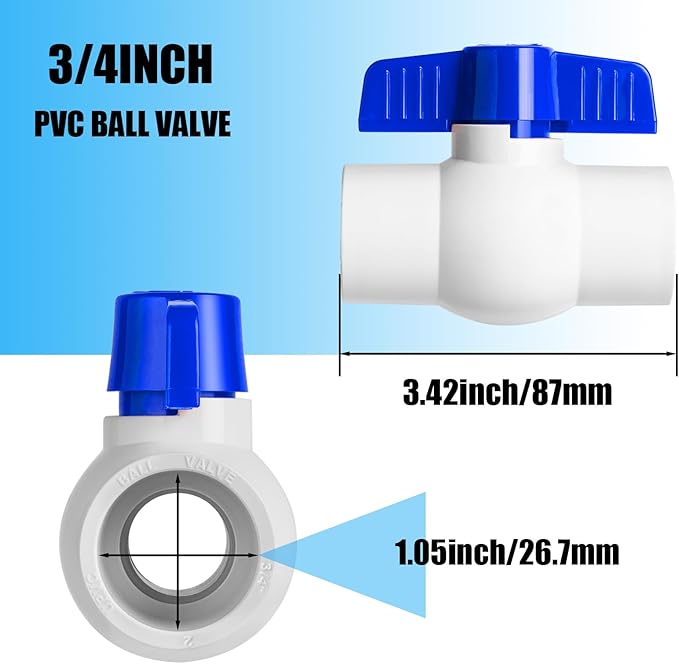 8PCS 3/4" PVC Ball Valve, Shut-Off Ball Valves Socket with Easy Turn Blue T-Handles, Slip PVC Valve for Water Project, Swimming Pool, Sewage Pump, Sprinkler Lines, Outdoor Plumbing & Irrigation System