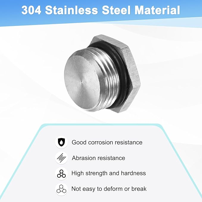 1-Pack Outer Hex Head Thread Pipe Plug Fitting, M18x1.5mm Male 304 Stainless Steel Solid Thread Bung Plug with Sealing Ring for Terminating Pipe Ends
