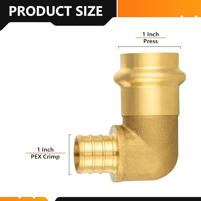 5-Pack HeSun Copper Press Fitting Elbow, 1" PRESS X 1" PEX F1807 Crimp Elbow, LF Brass