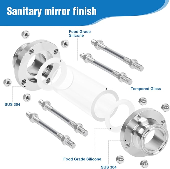 In-Line Sight Glass 2" Tri Clamp Flow Sanitary Straight Sight Glass Flow Pipe OD 50.5mm Stainless Steel Tri Clamp Type