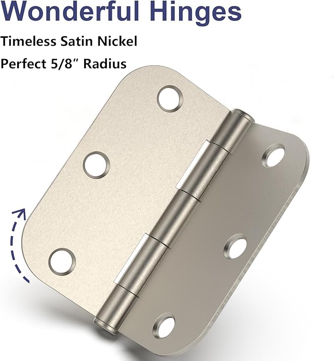 12 Pack Rounded Satin Nickel Door Hinges, 3.5 x 3.5 Inch Hinges with 5/8" Radius Corners, Durable and No Squeak Hinges, for Home Interior, Exterior Doors and Commercial Use